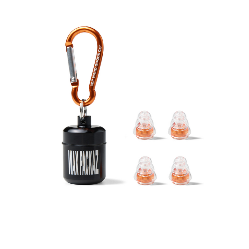 WAX PACKAZ™ Asteroid Orange 002 high-fidelity 24dB music earplugs with orange carabiner and aluminium carry pod