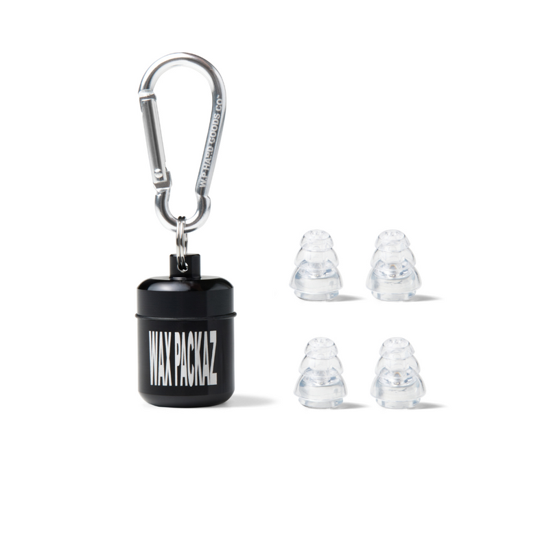 Wax Packaz Disco Silver 002 high-fidelity music earplugs with silver carabiner and aluminium carry pod