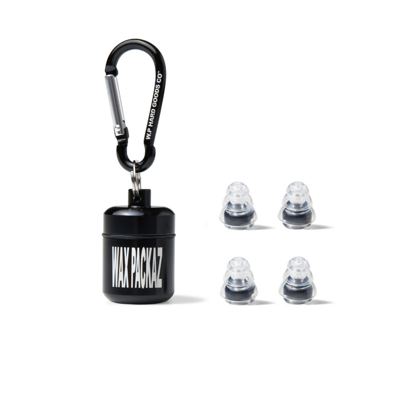 Wax Packaz Jet Black 002 high-fidelity music earplugs with black carabiner and aluminium carry pod