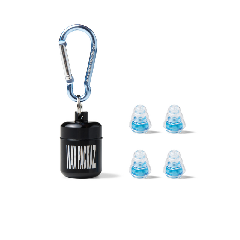WAX PACKAZ™ Lazer Blue 002 high-fidelity 24dB music earplugs with blue carabiner and aluminium carry pod