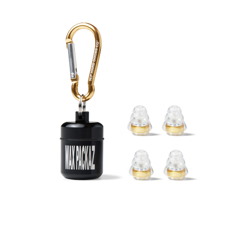 WAX PACKAZ™ Strobe Gold 002 high-fidelity 24dB music earplugs with gold carabiner and aluminium carry pod