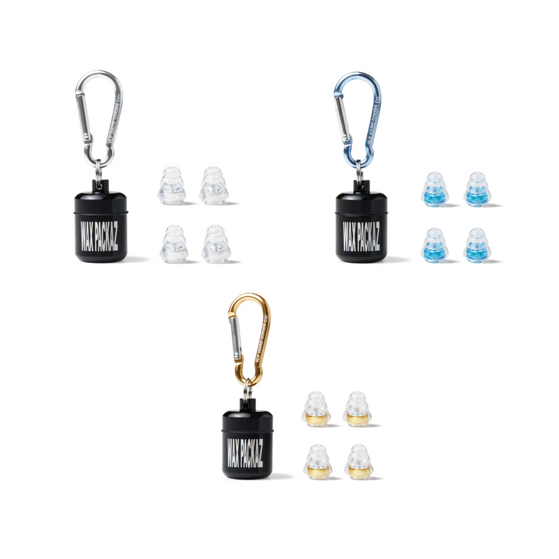 Wax Packaz Trio Bundle 002 — three sets of high-fidelity music earplugs in silver, blue and gold