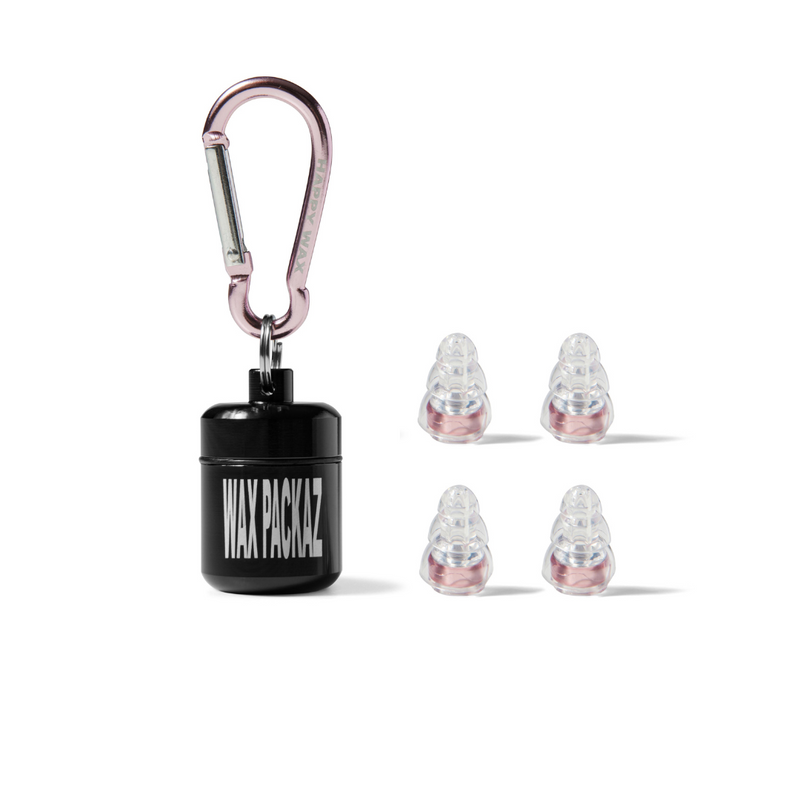 Wax Packaz Rose Pink high-fidelity music earplugs with aluminium carry pod and carabiner
